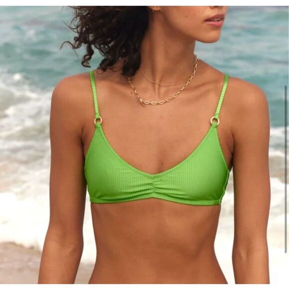 Aerie Offline Green Ribbed Shine Gold Ring Halter Bikini Top Size XS New - Picture 1 of 6